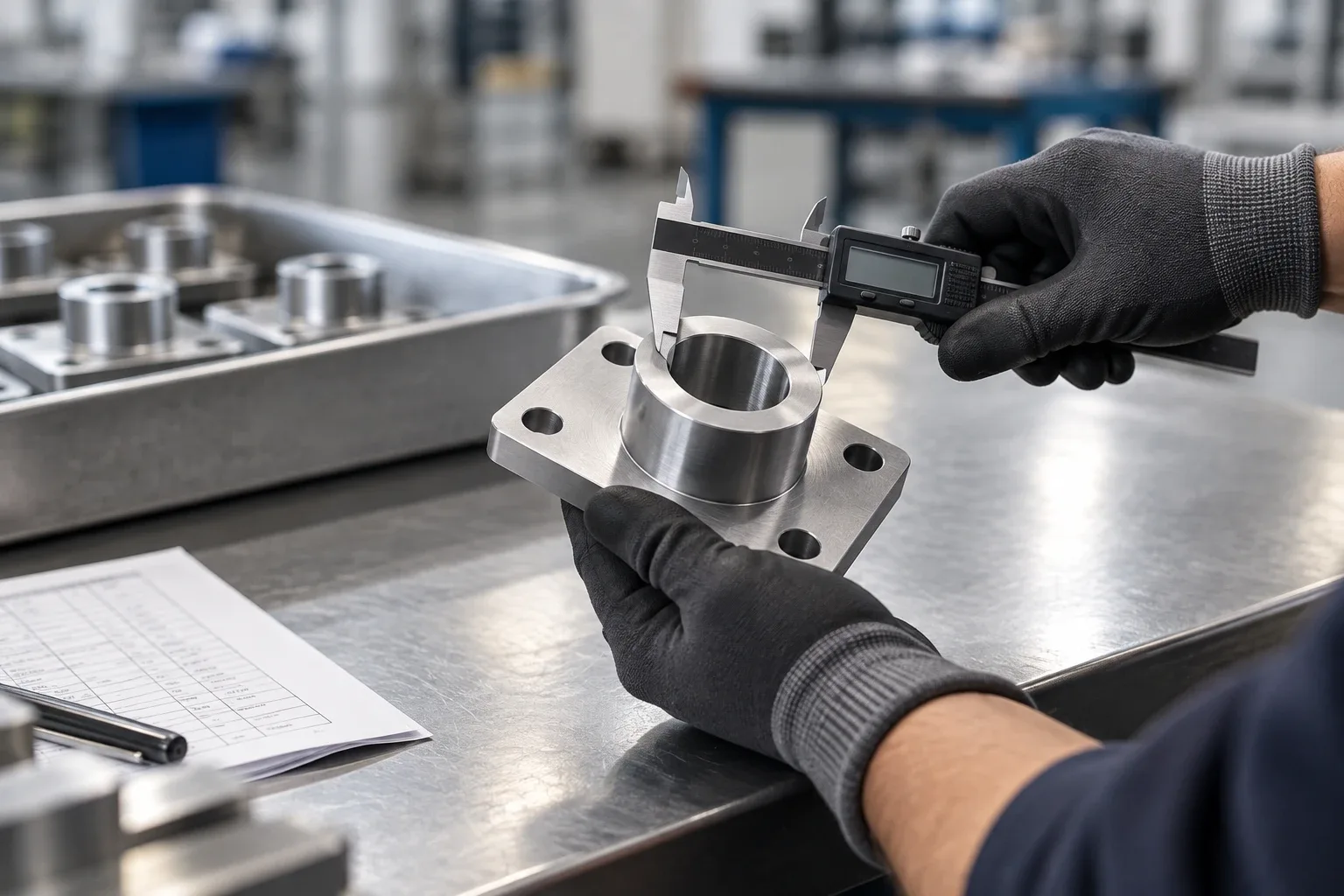 Gloved inspector measuring a machined flange with digital calipers beside an inspection record.