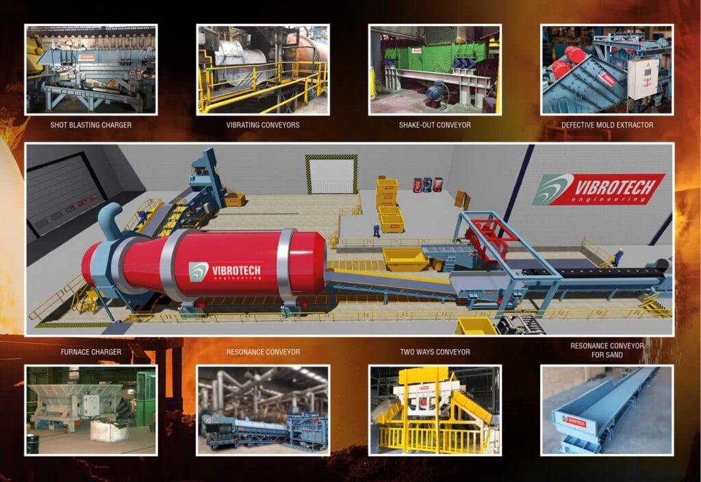 Vibrotech vibrating machinery systems including furnace charger, resonance conveyors, and shake-out conveyors for efficient sand collection in foundries.