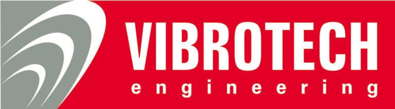 Vibrotech engineering logo, featuring bold white text on a red background, representing the manufacturer of vibrating machinery for ferrous and non-ferrous foundries.